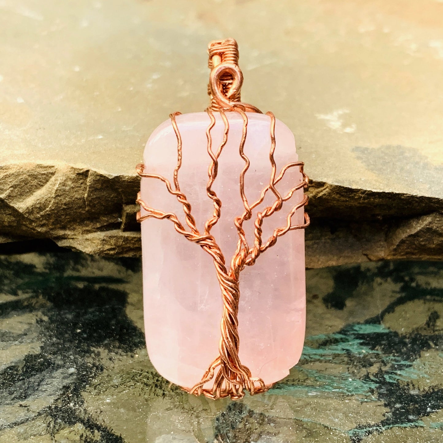 Rose Quartz Tree of Life Pendant in Copper