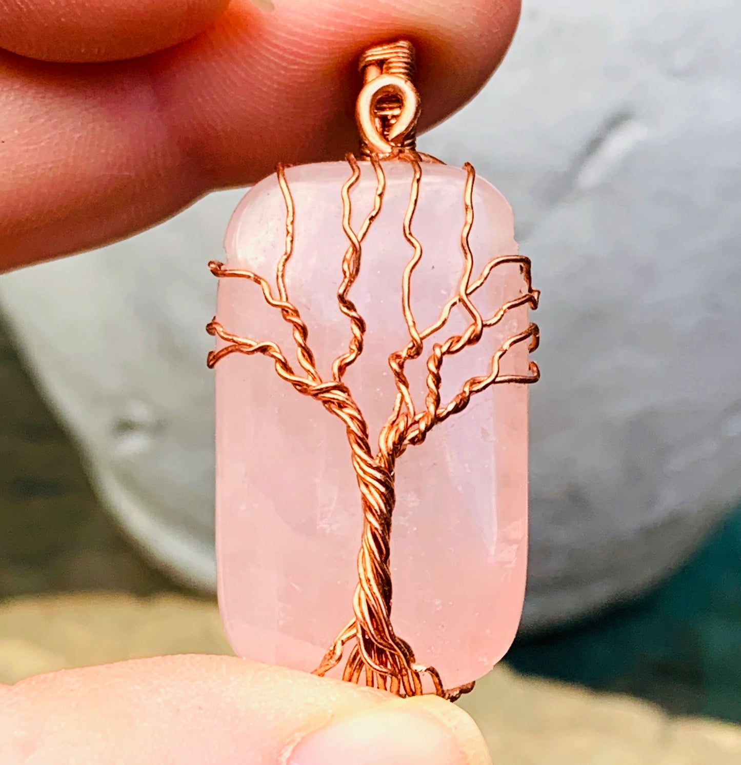 Rose Quartz Tree of Life Pendant in Copper